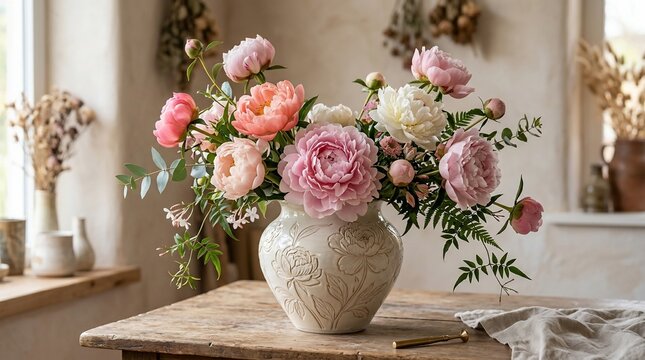 Beautiful pink and white peonies in a vase on a wooden table