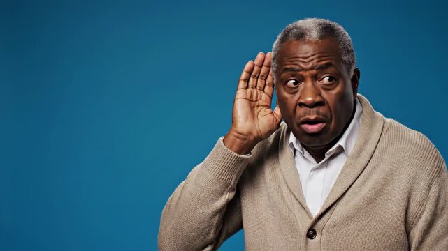 older african american man holding hand near ear trying to hear against blue background. concept of deafness, hearing loss in elderly. confused facial expression. healthcare, aging, communication.
