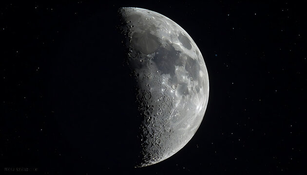 Waning gibbous moon phase showing detailed craters and texture in the dark starry sky, celestial body, astronomy