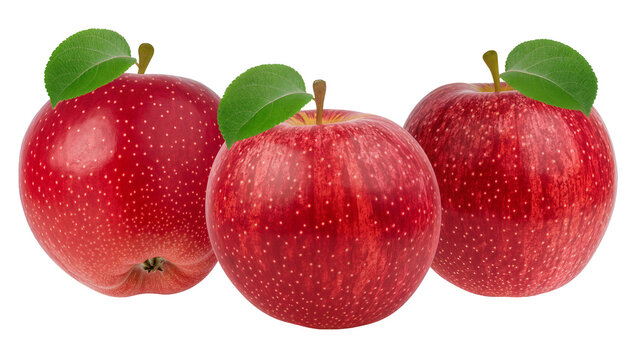 Three red apples with green leaves and stems