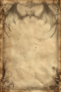 Vintage paper with dragon and demon decorative border engraving artwork
