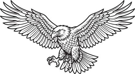 Fototapeta premium Flying Eagle in Mid-Air with Outstretched Wings Silhouette Black and White Illustration