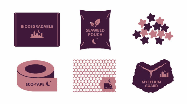 Set of sustainable packaging icons including biodegradable box seaweed pouch eco tape honeycomb wrap and mycelium guard in flat vector style