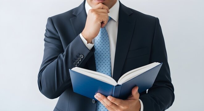 Focused professional in suit reading a book, deep in thought about business strategy