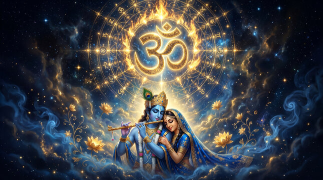 Mystical Radha and Krishna beneath Sacred Om Symbol in Cosmic Janmashtami Devotional Celebration