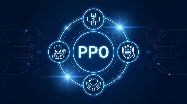 PPO acronym. PPO Preferred Provider Organizations concept. A type of health insurance plan that offers a network of healthcare providers, with more flexibility..