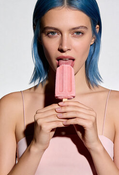 Junge Frau mit blauen Haaren leckt an einem rosa Eis am Stiel
