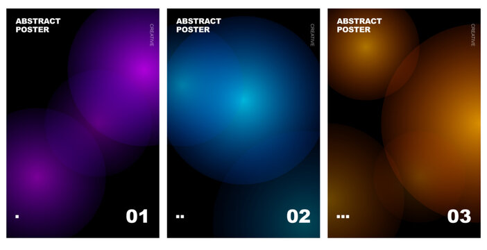 Abstract Posters Collection Vector Template with Glowing Radial Gradient Sphere Orbs on Dark Background for Cover Design