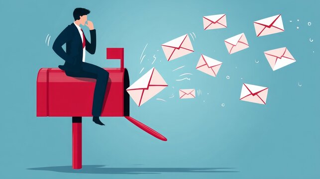 Businessman sitting on mailbox holding letters and checking mail outdoors, illustrating communication, correspondence, office work, urban professional routine, modern business lifestyle.