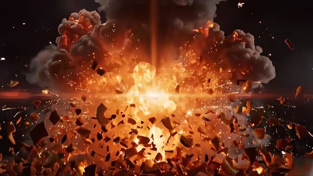 Halloween pumpkin exploding into pieces with fire sparks and smoke