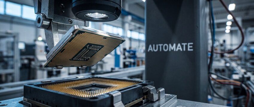 Robotic arm installing CPU processor on motherboard socket in automated high-tech microelectronics factory manufacturing line, showing precision engineering, industrial automation concept.