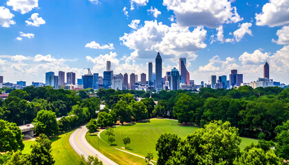 Fototapeta premium Vibrant cityscape with a lush green park and winding road in the foreground, city skyline under a bright blue sky with clouds