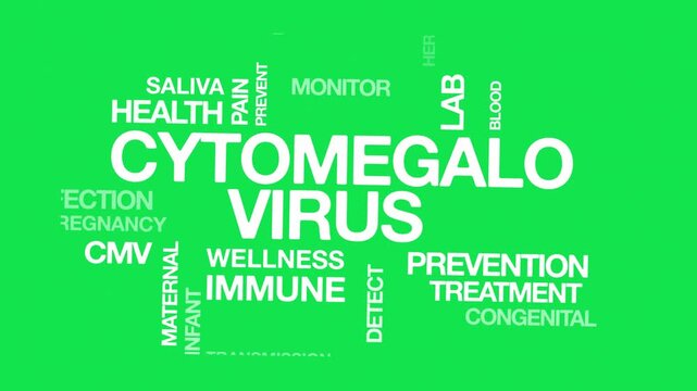 Cytomegalovirus CMV concept Animated Tag Word Cloud kinetic typography, Text Design Animation typography seamless loop video motion graphics Intro Wordart arrangement green screen background bg backdr