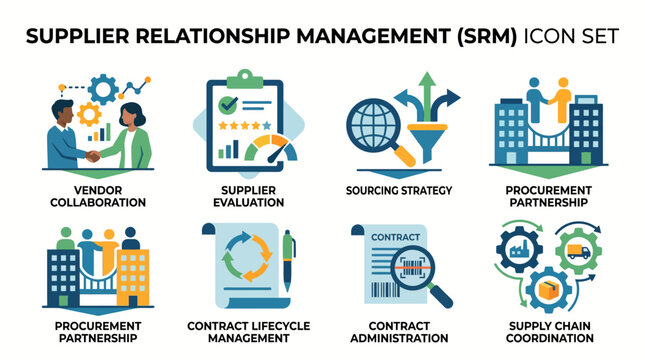 Supplier relationship management icon set with various business concepts.
