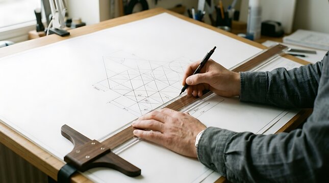 Architect Drawing Technical Geometric Sketch with T-Square and Pencil on Drafting Table