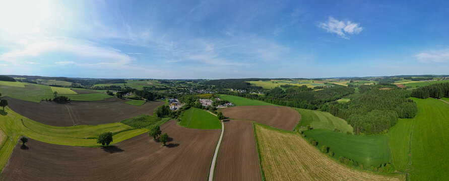 Aerial View of Agricultural Countryside with Patchwork Fields in Thommen, Halle, Sint-Pieters-Leeuw, Belgi&euml;