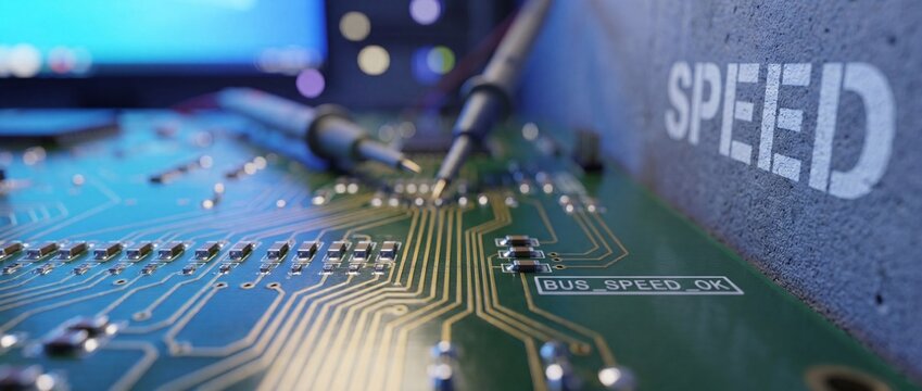 Circuit board testing with oscilloscope probes checking bus speed in tech laboratory. Macro close up of electronic motherboard components, hardware development, engineering diagnostics process.