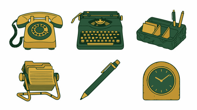 Vintage office equipment collection including rotary telephone typewriter desk organizer card file pen and analog clock in flat vector illustration