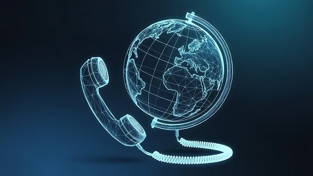 lobal communication abstract 3d low poly wireframe globe connected to telephone handset generative AI