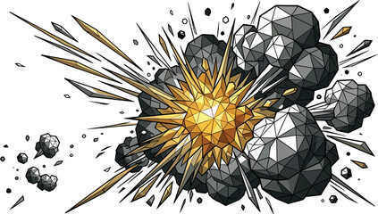 Low poly explosion blast vector with geometric comic boom burst crystal shards and smoke clouds isometric elements © Alexy!