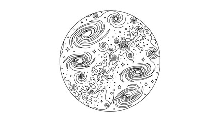 Whimsical Spiral Galaxy Cluster Illustration in Circle, Cosmic Art © rglstrm