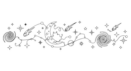Whimsical Celestial Border: Moon, Stars, Comets and Galaxies in Sketch Style © rglstrm
