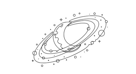 Abstract Saturn Planet with Rings and Moons, Minimalist Continuous Line Art © rglstrm