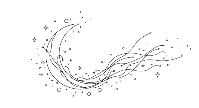 Crescent moon with flowing lines and stars, abstract celestial design, minimalist sketch