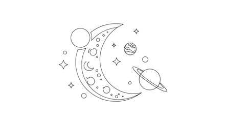 Whimsical Crescent Moon with Planets and Stars - Outline Illustration © rglstrm