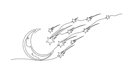 Minimalist single line drawing of a crescent moon and shooting stars, white background © illustration