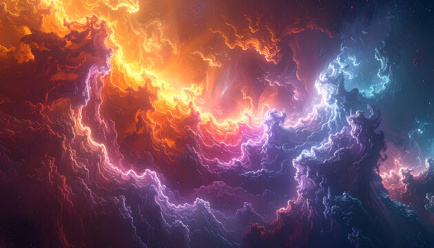 vibrant cosmic nebula with glowing energy strands in orange, blue, and purple hues, abstract space background