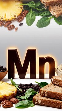 Manganese rich foods arranged on a table with spinach and nuts