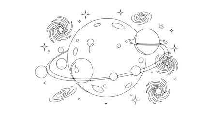 Cosmic Galaxy and Planets Line Art: Outer Space, Stars, Nebulae, and Celestial Bodies © rglstrm