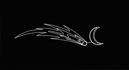 Abstract Comet and Crescent Moon Icon - White Outline on Black Background © rglstrm