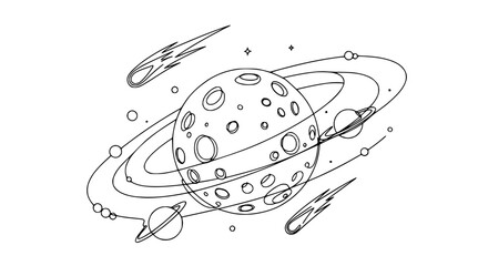 Whimsical Planet with Rings, Moons, and Comets - Hand Drawn Space Illustration © rglstrm