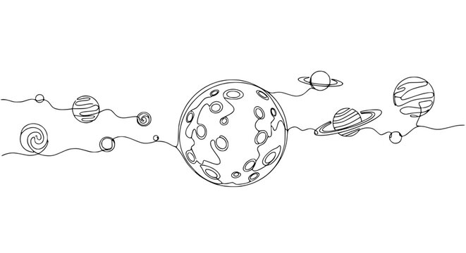 Continuous line drawing of planets and celestial bodies in outer space, minimalist style