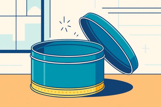 Empty round tin can with open lid in minimal style on light background, ideal for branding or packaging mockup presentations. Ai generative