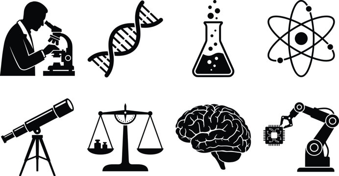Science and technology research icons set featuring laboratory experiment and stem education symbols on white background