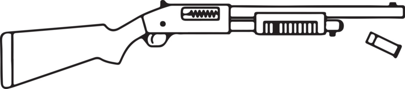 Black and white line art illustration of a powerful pump-action shotgun with an ejected shell