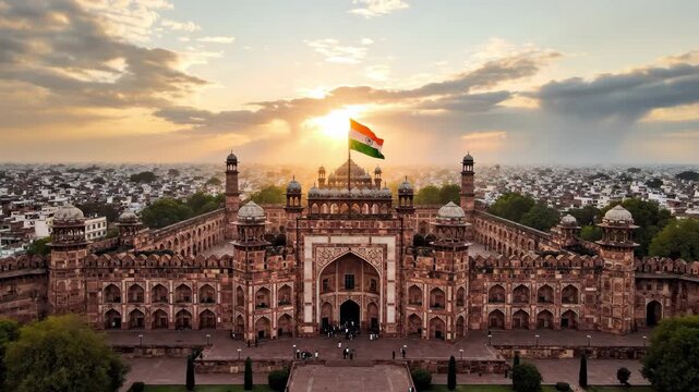 India Independence Day aerial Red Fort Delhi at sunrise, Indian Tiranga flag, monsoon morning, Old Delhi cityscape, orbital drone shot, August 15 patriotic cinematic b-roll