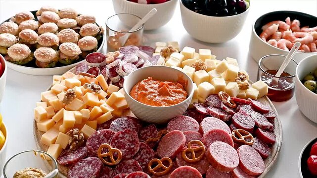 Overhead view of a charcuterie board with cheese salami pretzels and dip among bowls of olives grapes shrimp and muffins on a party table for entertaining.