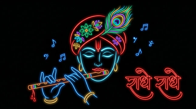 Glowing Neon Lord Krishna Playing Flute with Musical Harmony for Janmashtami Celebration