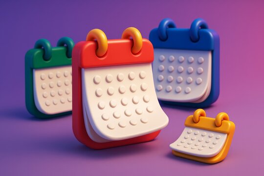 Colorful stylized calendar icons with rounded design and textured pages on a soft gradient purple background in a playful abstract style. Ai generative