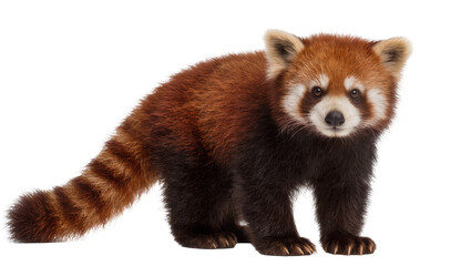Red panda with striped tail standing on white © Julia