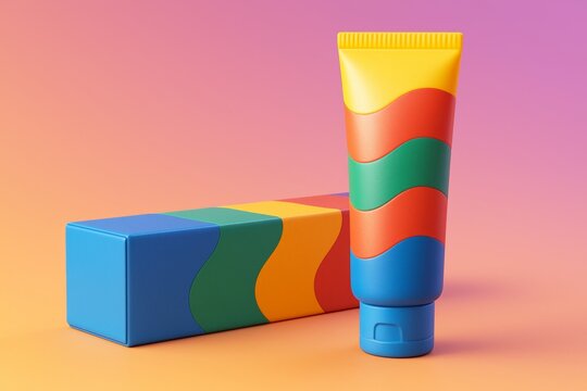 Colorful cosmetic tube and matching box mockup with wavy design pattern on vibrant gradient background for product branding presentation. Ai generative