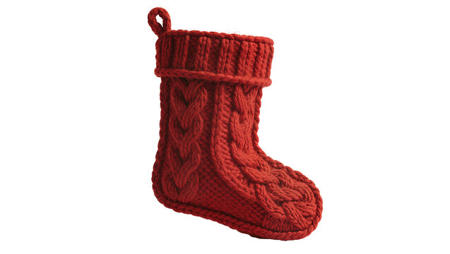 Red knitted Christmas stocking with cable knit pattern