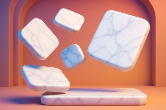 Floating marble-like abstract blocks with soft lighting and pastel tones on an orange background in a modern surreal concept scene. Ai generative