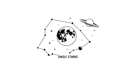 Minimalist Constellation, Moon, Planet Saturn, Stars - Black and White Outline Illustration © rglstrm