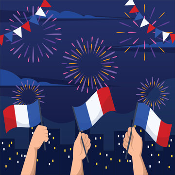 French Flags And Fireworks Vector Illustration With A Dark Blue Background Bastille Day
