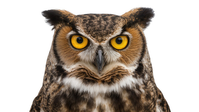 Great Horned Owl face with bright yellow eyes and detailed feathers